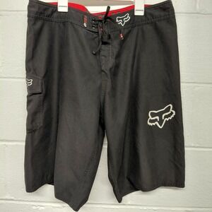 FOX Mens 36 Black Boardshorts Swim Trunks Logo Print Polyester Surf Shorts Beach
